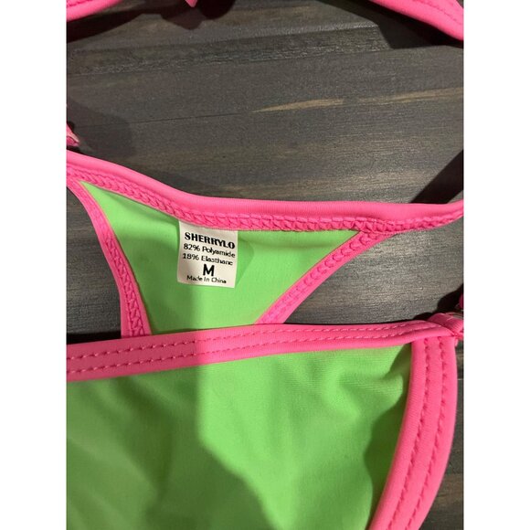 Neon Green & Pink Sherrylo Bikini Set Halter Top & Adjustable Bottom Size M - Picture 3 of 5